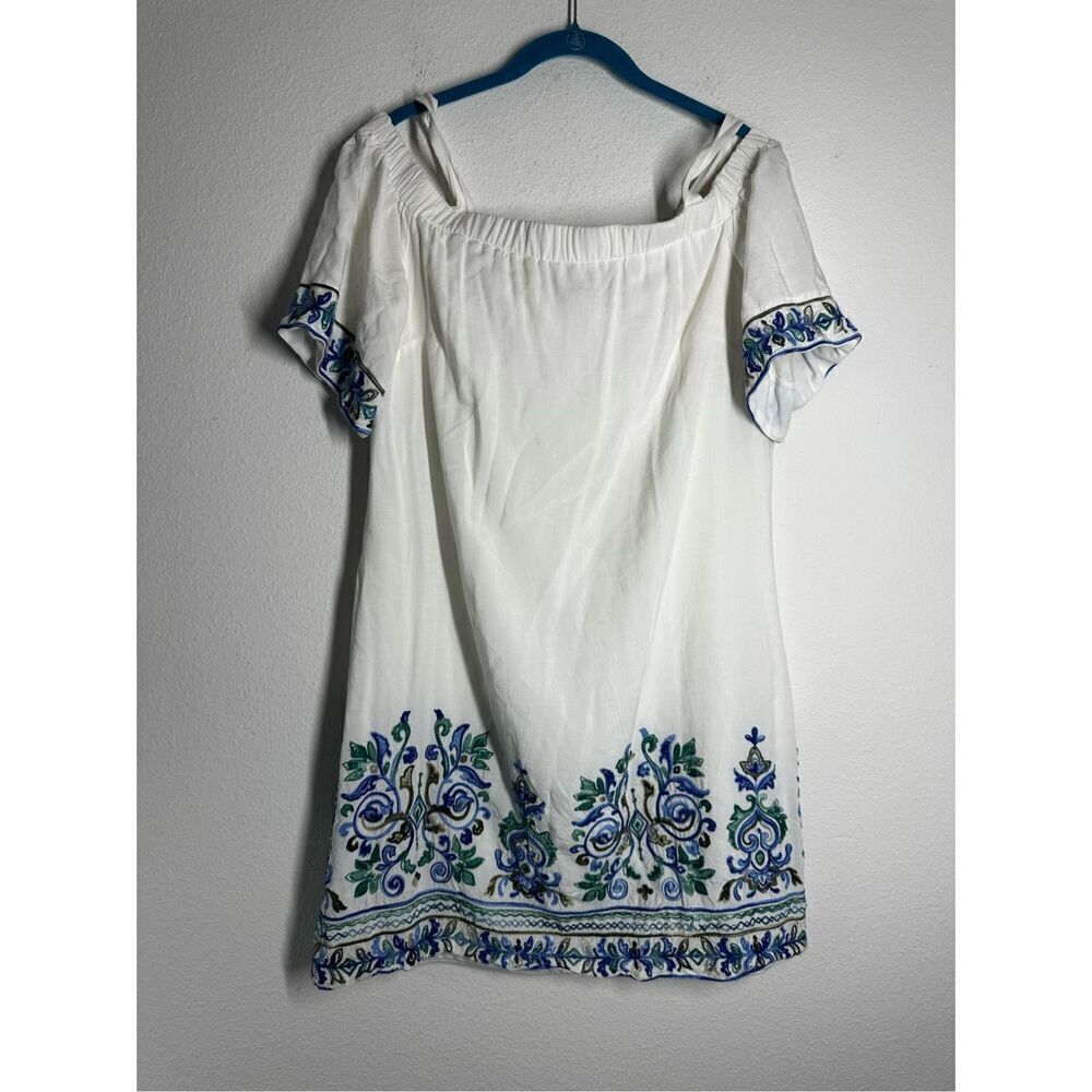 SANDRA DARREN BOHEMIAN WHITE LINED COLD SHOULDER SHIFT DRESS EMBROIDERED SIZE 12